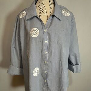 Janie New York Vintage Striped Button Down Shirt with Spiral Accents XL